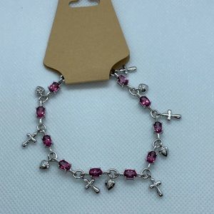 Sterling Silver 925 and Pink Topaz Religious Charm Bracelet.  Size 7.5” long.